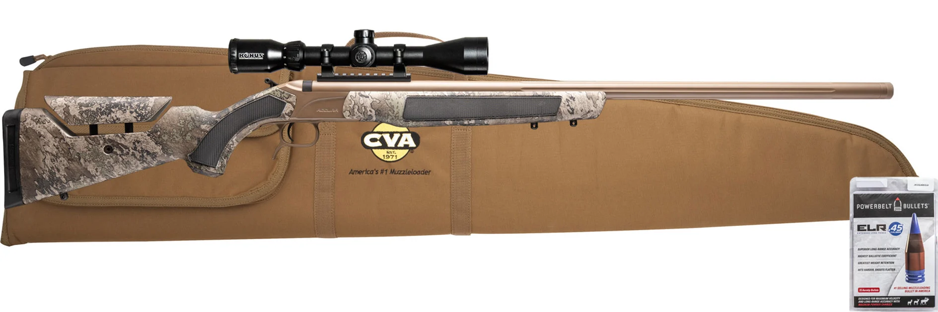 CVA Accura LR-X .45 Cal Muzzleloader Rifle w/ KonusPro 4-12x44 IR BDC - FDE Cerakote & Nitride Barrel - True Timber Strata Camo - PR3208NSCP