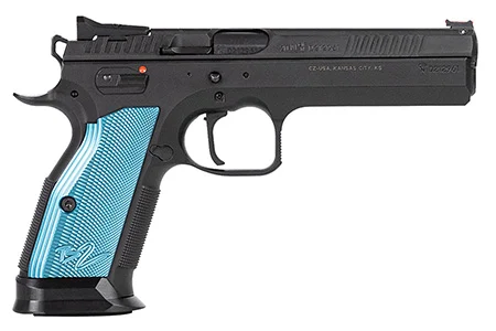 CZ-USA 91222 TS 240 S&W 17+1 5.28″ Black Steel Barrel, Black Serrated Steel Slide, Black Polycoat Steel Frame w/Beavertail, Blue Checkered Aluminum Grip, Ambidextrous