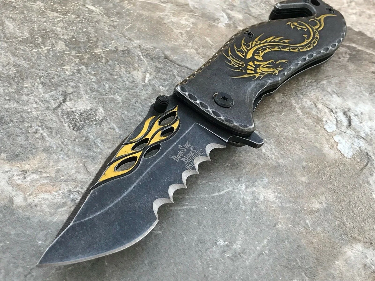 Dark Side Blades Ballistic Fantasy Yellow Dragon & Flames Mini Knife