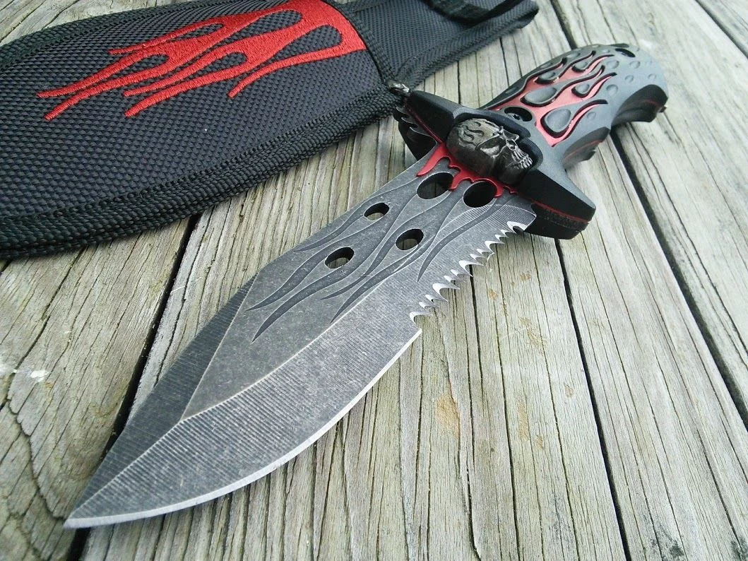 Dead Walker Stone Washed Green Flame Skull Bowie Dagger Hunter Knife