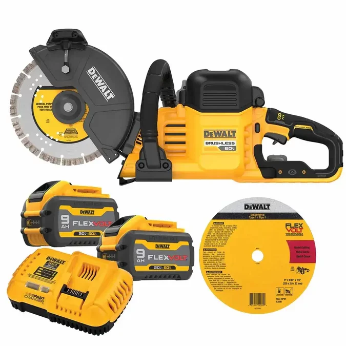 DeWalt Flexvolt 60V Max Cordless Brushless Saw Kit 9″, Includes saw, 2 flexvolt 20v/60v Max lithium Ion Batteries, Fast Charger, Cutting Wheel, Diamond Cutting Wheel.