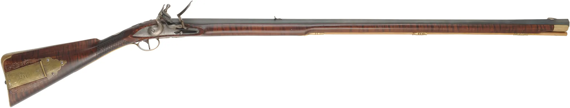 English Rifle,.54 caliber, 38" swamped Colerain barrel,Chambers flint lock, curly maple, engraved brass,used, by noted gun maker Clay Smith