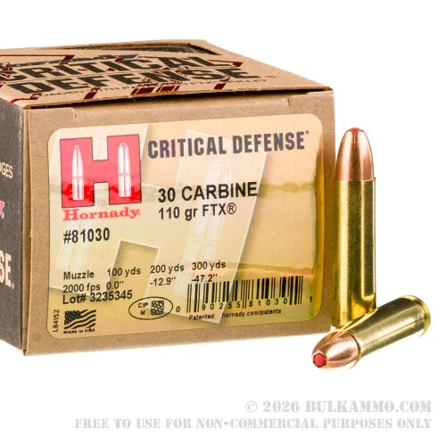 25 Rounds of .30 Carbine Ammo by Hornady Critical Defense - 110gr FTX