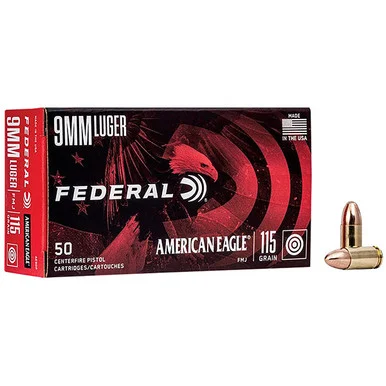 Federal American Eagle Ammo 9mm Luger Handgun Ammunition 50 Rounds Brass Centerfire 115 Grain FMJ AE9DP