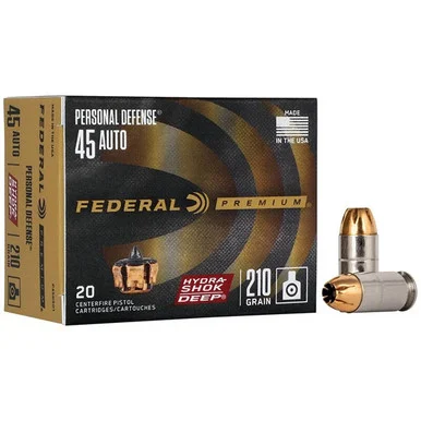 Federal Premium Personal Defense 45 ACP Hydra-Shok Deep Handgun Ammo 20 Rounds Brass Centerfire 210 Grain Hydra-Shok Deep JHP P45HSD1