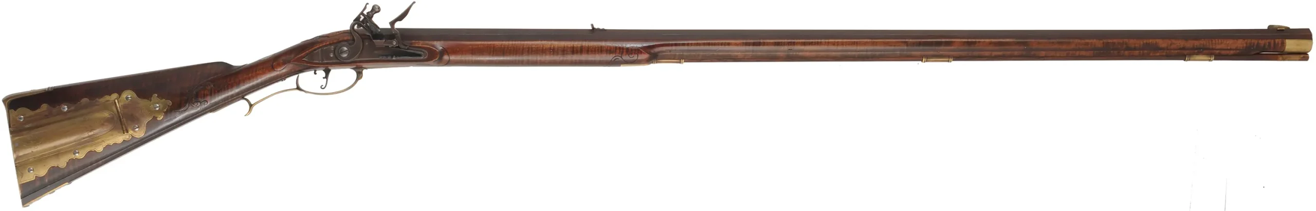 Fine Isaac Haines Longrifle, .50 caliber, 44" swamped octagon barrel,Chambers flint lock, brass trim, curly maple, used, by J. Klein