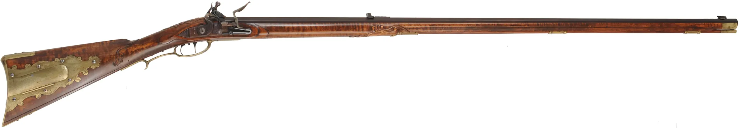 Fine Lancaster County, Pennsylvania Longrifle,.40 caliber, 42" Green Mountain swamped barrel, large Siler flintlock, curly maple, brass trim,raised carving, engraved patchbox, signed by contemporary builder R. Dietz