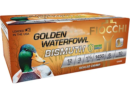 Fiocchi 123GB6 Golden Waterfowl Bismuth 12Gauge 3″ 1 3/8oz 6Shot 10 Per Box/10 Case