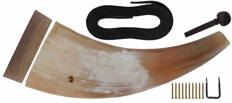 Flat Powder Horn Kit,large, polished, unfinished,includes; horn, base, stopper, strap,staple, nails, and instructions, ready to assemble