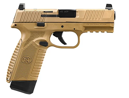 FN 66101388 545 MRD Full Size 45 ACP 15+1, 4.10″ Black Target Crown Steel Barrel, Flat Dark Earth PVD Optic Cut/Serrated Steel Slide & Polymer Frame w/Picatinny Rail, Ambidextrous