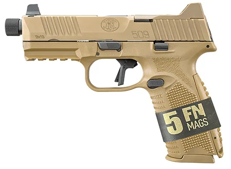 FN 66101652 509 Tactical Bundle 9mm Luger 10+1 4.50″ Black Steel Threaded Barrel, Flat Dark Earth Optic Ready/Serrated SS Slide & Polymer Frame w/Picatinny Rail,Ambidextrous, 5 Magazines