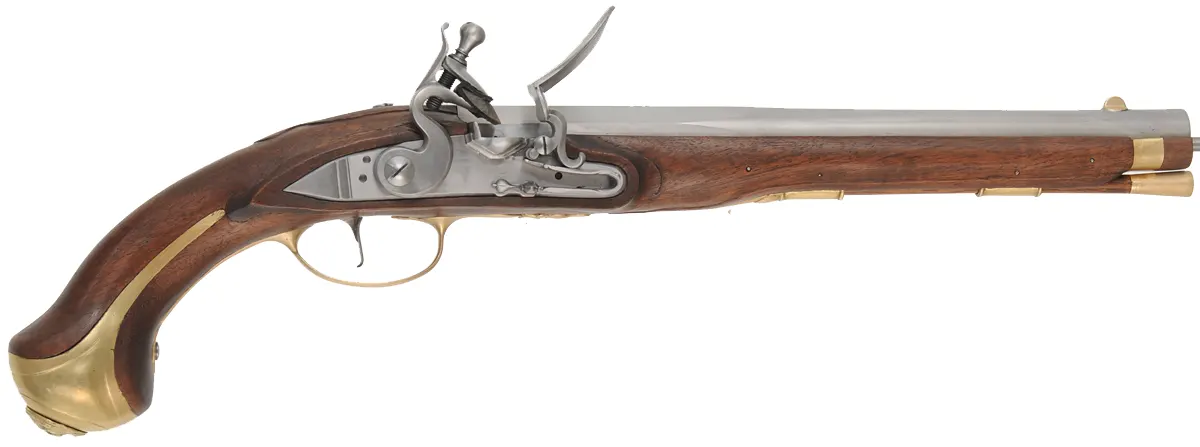 French Holster Pistol,.20 gauge smoothbore, 12" octagon-to-round barrel,L&R flintlock, walnut, brass trim, new, by Ken Brady