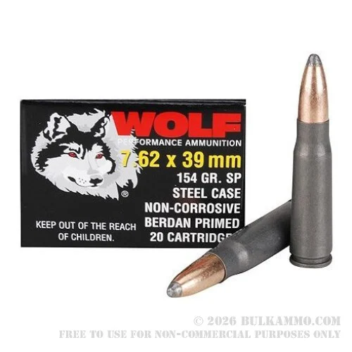 500Rounds of 7.62x39mm Ammo by Wolf - 154gr SP