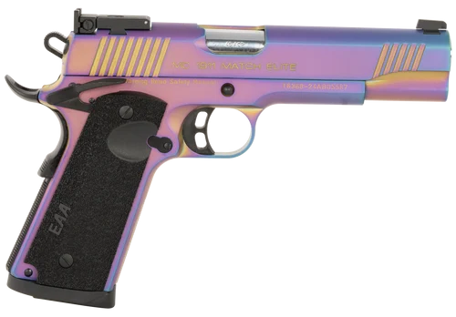 Girsan MC1911 Full Size Frame 45 ACP, 5" Stainless Bull Barrel, Multi Color PVD Coating Serrated Steel Slide, Multi Color PVD Coating Steel Frame Beavertail, Black Textured Grip