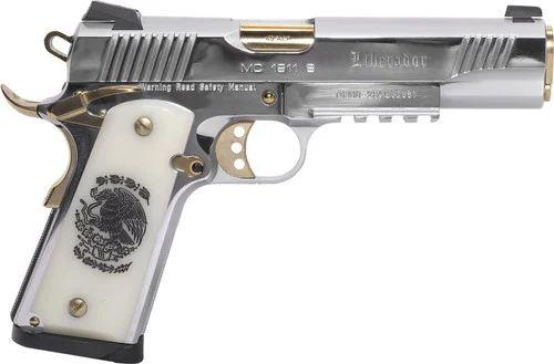 Girsan Regard Liberador II 1911 45 ACP 5" Gold Plated PVD Barrel, Polished Stainless Steel Serrated Slide, Gold Controls w/Picatinny Rail & Beavertail, Pearl Like w/Mexican Coat Of Arms Grip, 8 Rd