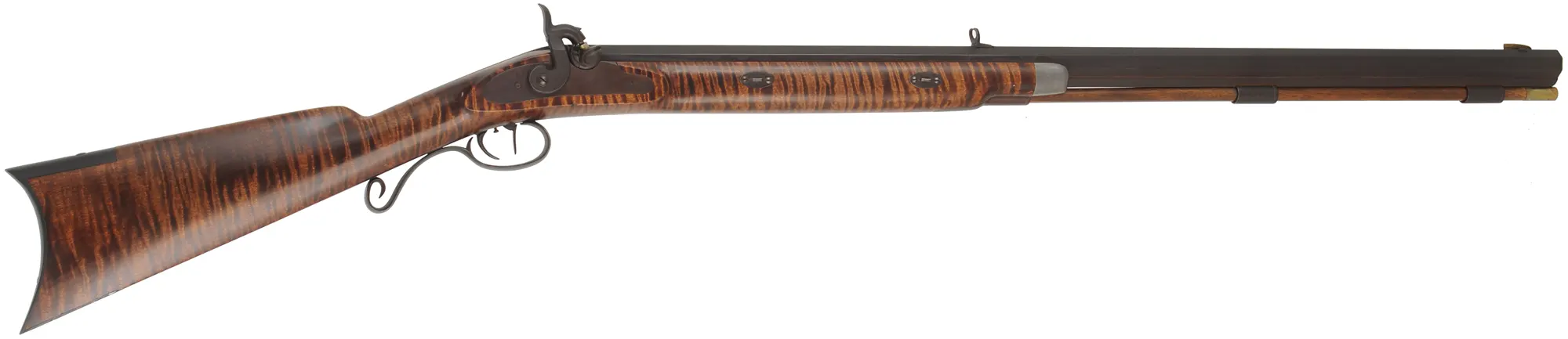 Hawken Halfstock Rifle,.54 caliber, 33" Green Mountain barrel, Griffith percussion lock, curly maple, iron, used, signed by D. Priddy