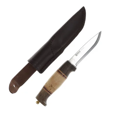 Helle Harding Fixed Blade Knife Scandi/Curly Birch Leather and Dark Oak Stacked Handle HF99