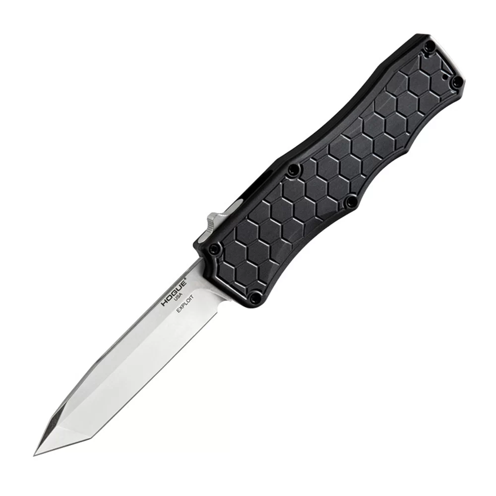 Hogue Exploit 3.5″ OTF Automatic Tanto Blade Tumbled Finish Aluminum Frame – Matte Grey STOCKED