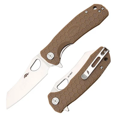 Honey Badger Medium Flipper Knife Tan 3.19in Plain Satin Wharncleaver HB1039