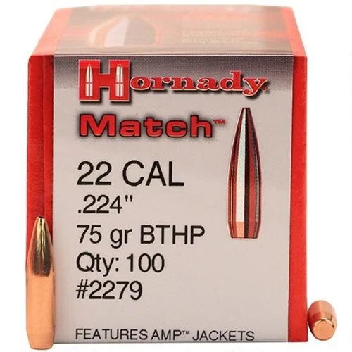 Hornady 2279 Match 22 Cal .224 75 gr Hollow Point Boat Tail Match 100 Per Box
