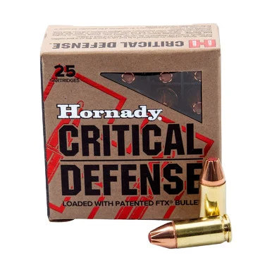 Hornady Critical Defense 9mm Luger Ammunition 115 Grain Brass Centerfire 25 Rounds FTX SBT 90250