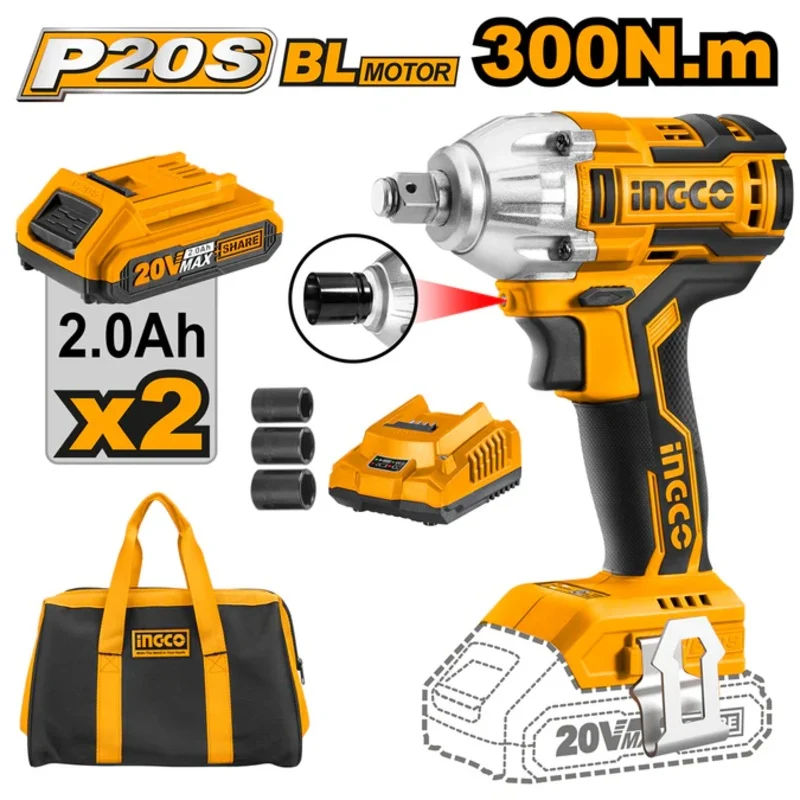 Ingco CIWLI2001 20V Cordless Brushless Li-Ion Impact Wrench (Set)