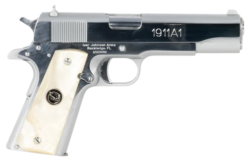 Iver Johnson 1911 38 Super 8rd,5" Stainless Steel Barrel, Bright Polish Chrome Stainless Steel Serrated Slide, Pearl Grip