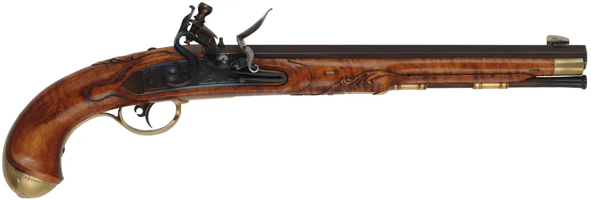 Kentucky Pistol,.45 caliber, 11" barrel,L&R flintlock, engraved brass, curly maple, used, by RW Dietz