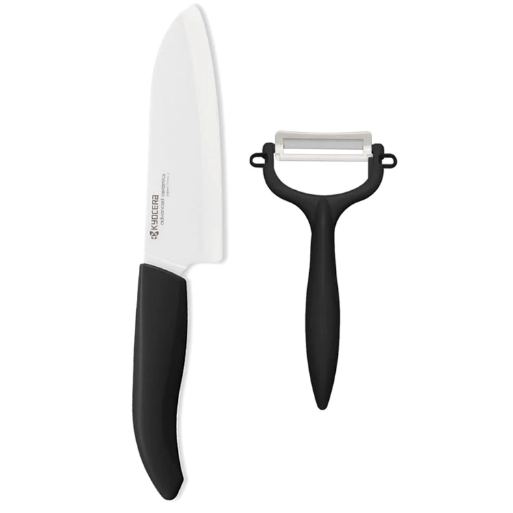 Kyocera Revolution 5.5″ Ceramic Santoku Knife and Y-Peeler Set, Black Handle