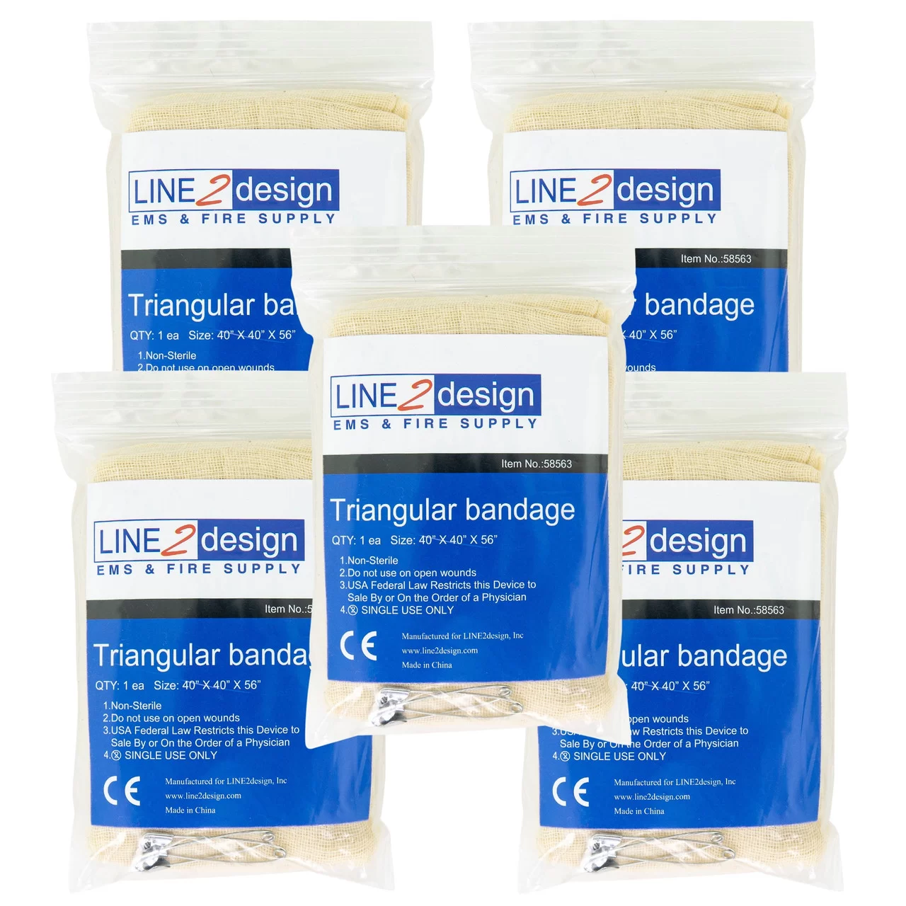 Line 2 Design Medical Triangular Bandages Emergency First Aid, Light Weight Fracture Fixation Dressing 40″ x 40″ x 56″