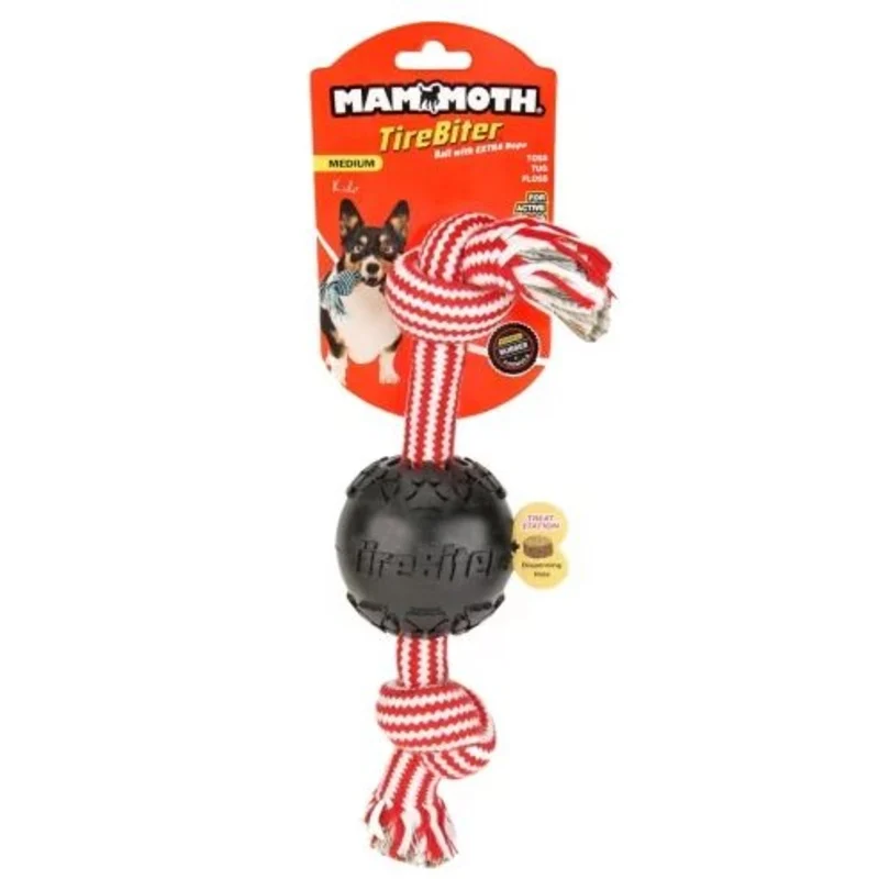 Mammoth TireBiter Ball with Extra 2 Knot Rope Dog Toy