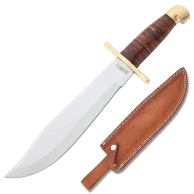Marbles Stacked Leather Bowie Fixed Blade 9.75in Satin Clip Point MR555