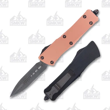 Marfione Custom Troodon OTF Automatic Knife DLC Stippled Copper - 3in Herringbone Damascus Dagger DE Plain