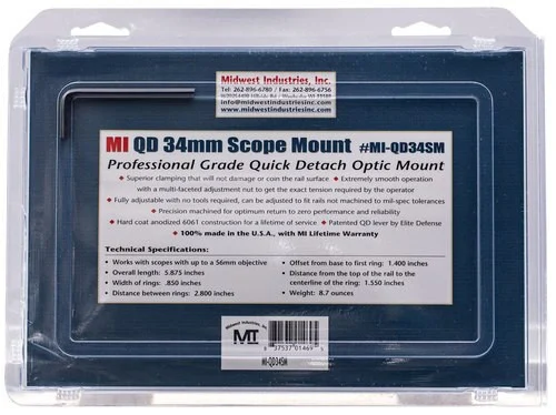 Midwest QR Ring Mount, 34MM, Black, 1.5" Offset, Fits Picatinny Rail