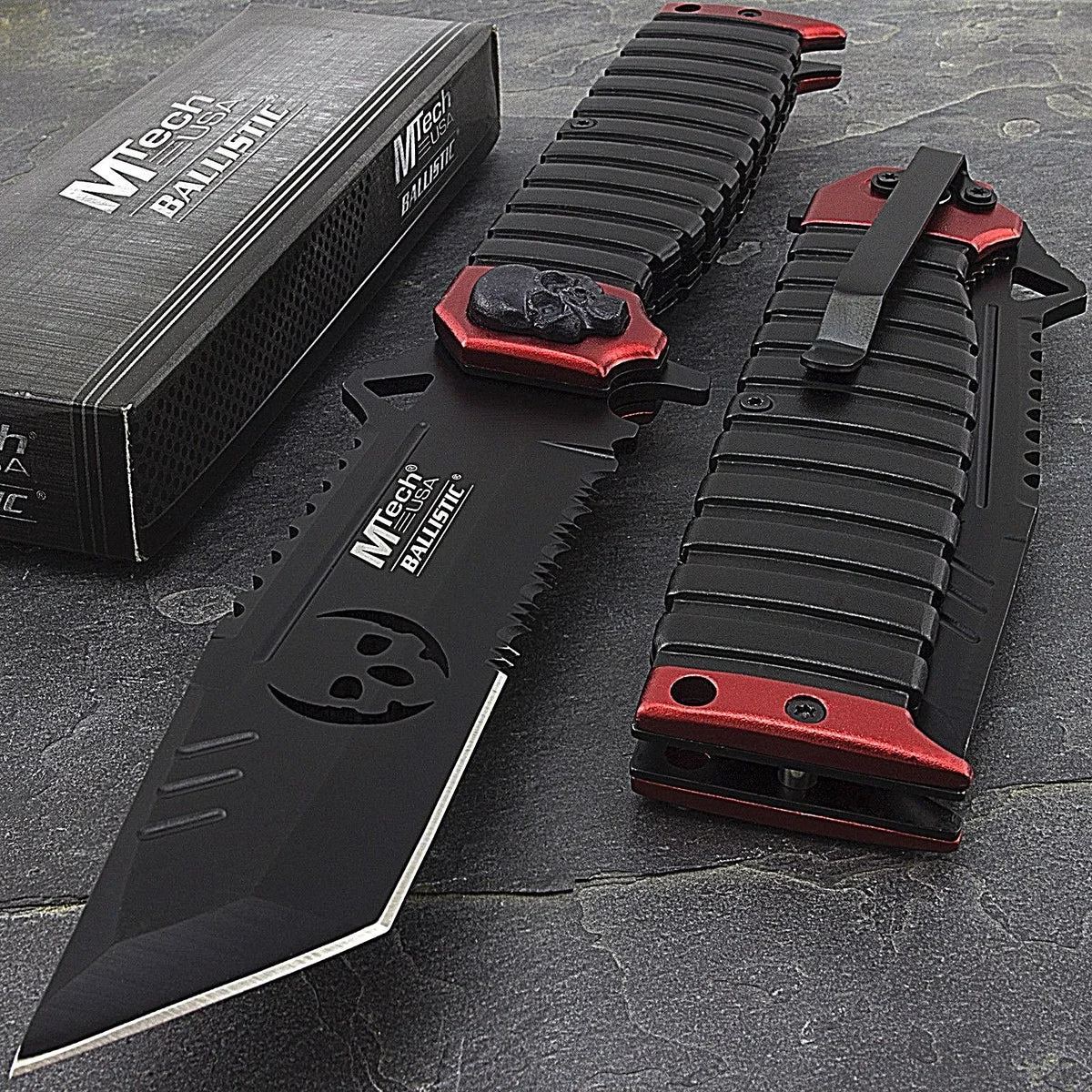 MTECH BALLISTIC MT-A820RD 9.5″ TANTO GREEN SKULL SPRING ASSISTED FOLDING KNIFE