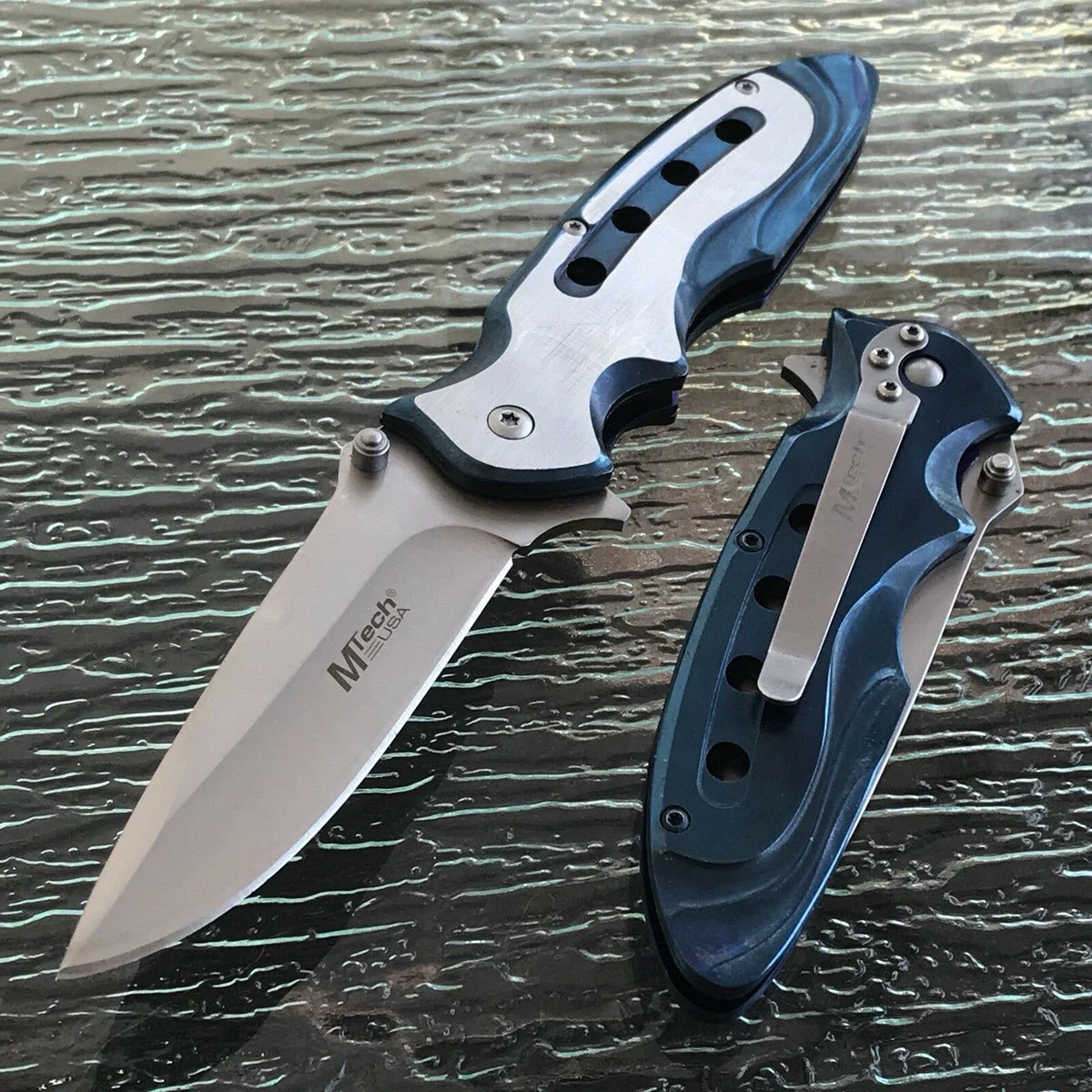 MTech Spring Assisted Tactical Titanium Coated Blue Folding Pocket Knife Open