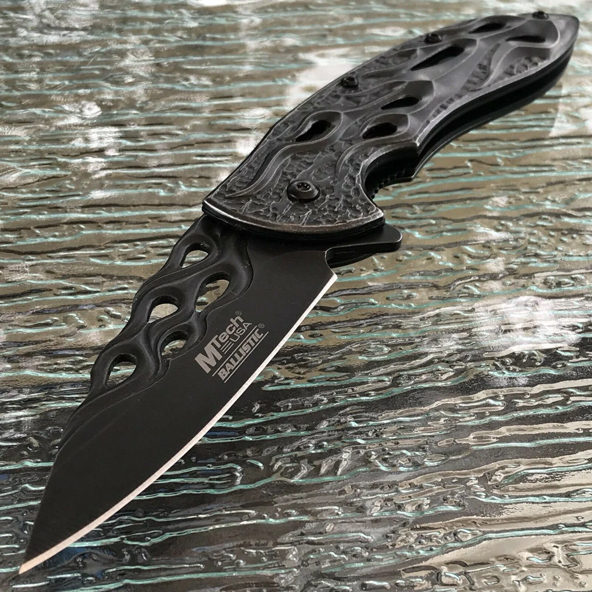 MTECH USA SPRING ASSISTED TACTICAL FOLDING GRAY FLAMES POCKET KNIFE OPEN Switch