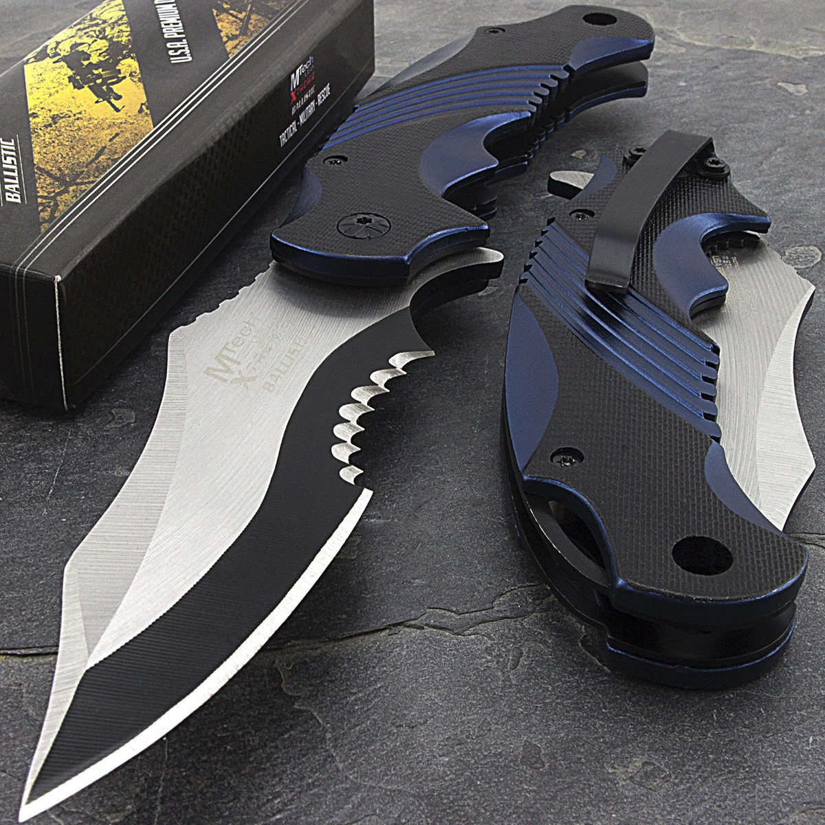 MTech USA Xtreme Ballistic Black Blue Spring Assisted Pocket Knife