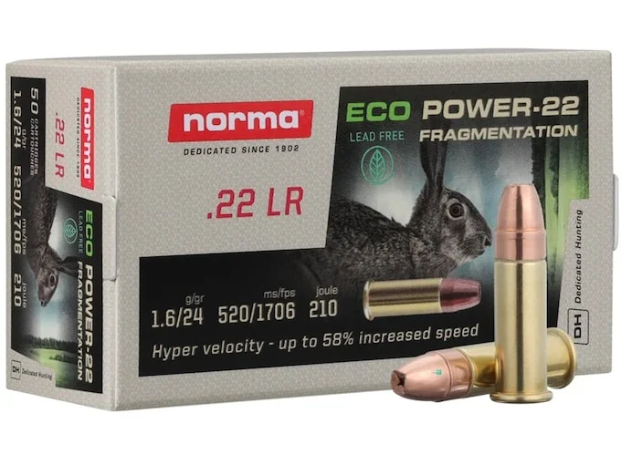 Norma Eco Power-22 Ammunition 22 Long Rifle 24 Grain Fragmenting Hollow Point Lead Free Box of 50