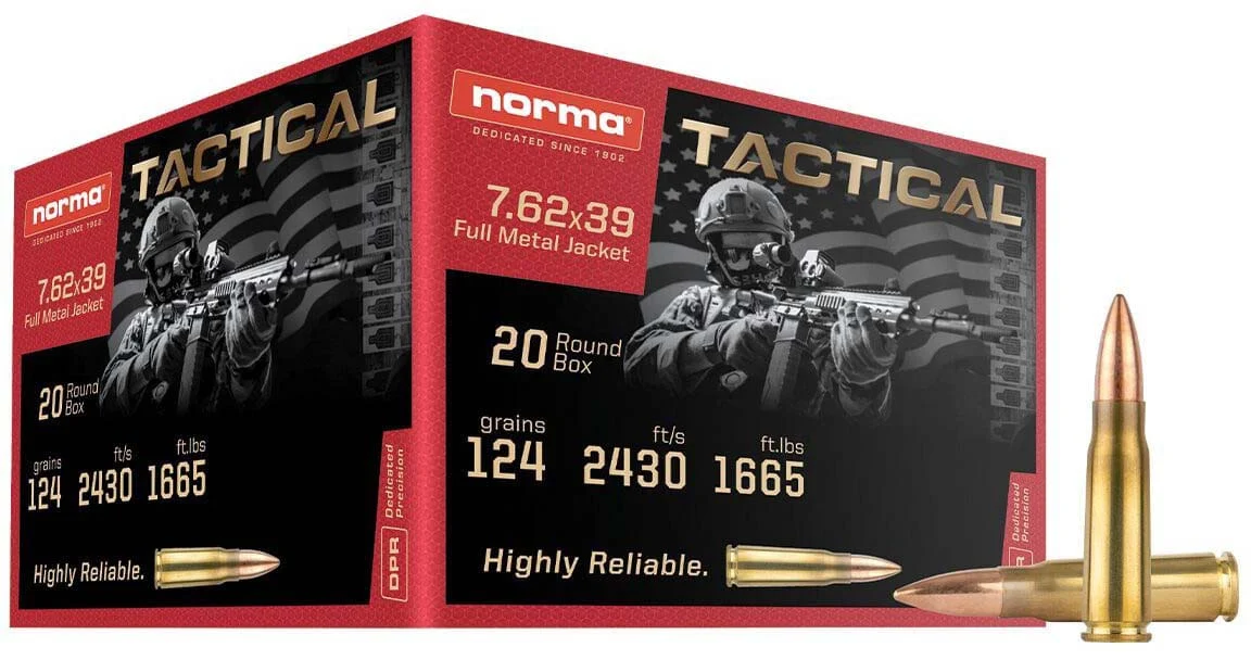 Norma Tactical 7.62x39mm 124 Grain Full Metal Jacket (FMJ) Brass Cased Centerfire Rifle Ammunition