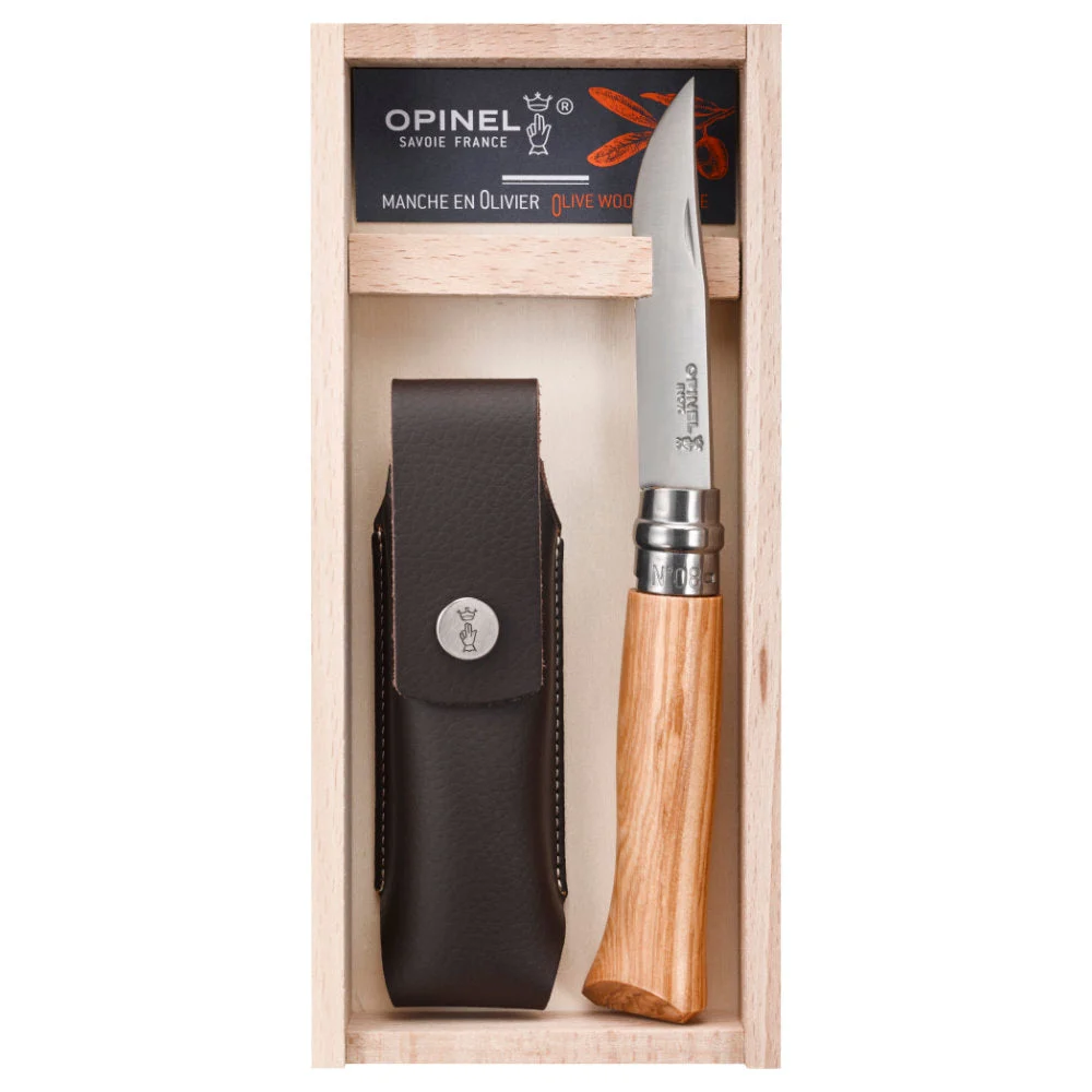 Opinel No.08 Olive Wood and Stainless Steel Folding Knife and Sheath Set