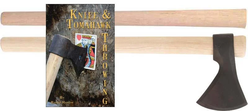Our "New Reliable" Wax Cast Steel Tomahawk, two tapered hickory handles and Knife & Tomahawk Throwing Book