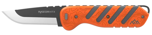 Outdoor Edge Razor HTX, Fixed Blade Knife, Plain Edge, 3" Blade Length, Includes (3) Drop Point Blades, (2) Caping Blades, (1) Gutting Blade, (1) Saw Blade Pod, Matte Finish, Orange & Gray Rubberized Aluminum Handle