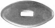 Oval Knife Guard #2, 13/16" wide by 1-5/8" long, 5/64" thick, small retangular slot 1/8" wide by 3/8" long, nickel silver