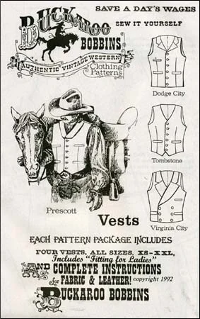 Pattern for Four Vests,Prescott, Dodge City, Tombstone, or Virginia City styles,sizes 34-1/2 to 58,complete instructions