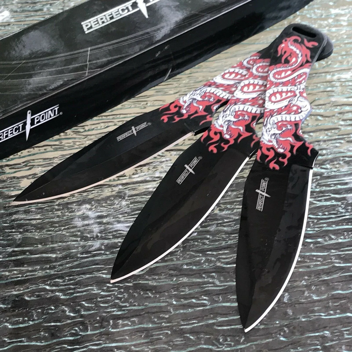 Perfect Point Wild Dragon Ninja 3 Pcs Throwing Knife Set with Nylon Sheath New