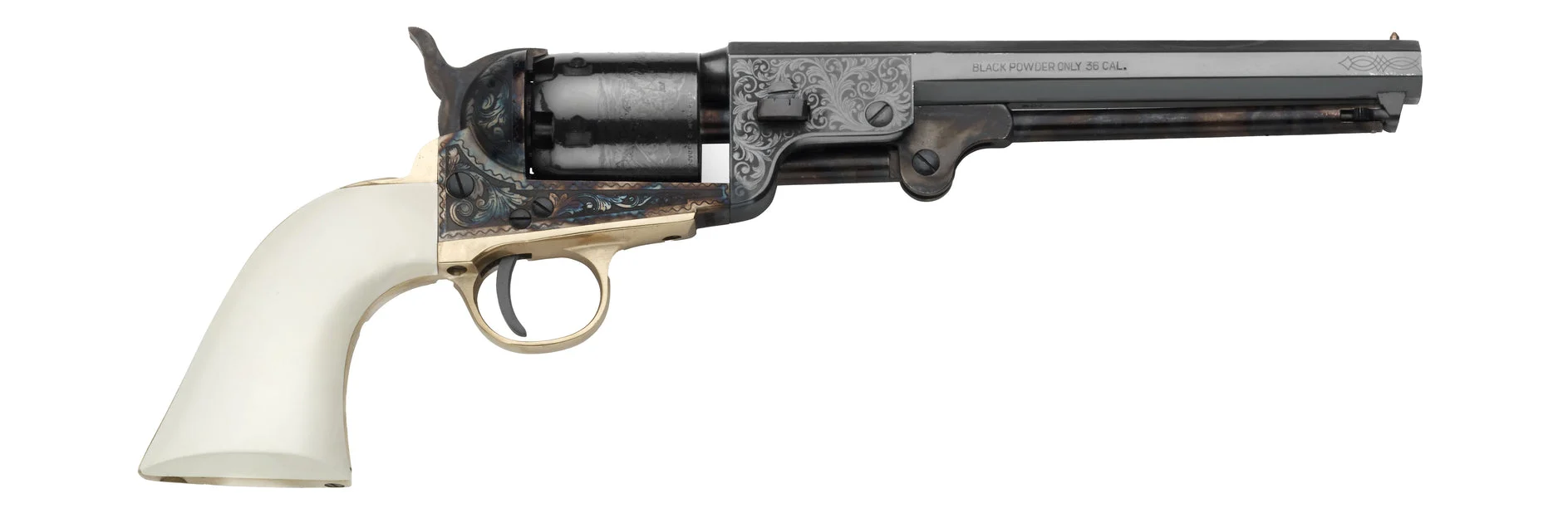 Pietta™ 1851 Navy Deluxe Engraved Black Powder Revolver Pistol - 7.5" Barrel - .36 Caliber - Ivory Grip - YANDL36/IG