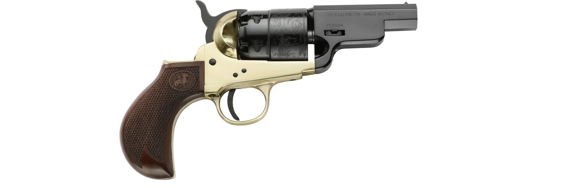 Pietta™ 1851 Snubnose Confederate Navy Sheriff Black Powder Revolver Pistol - .44 Caliber 3" Blued Barrel Brass Frame - RNSTI44MTBLC1