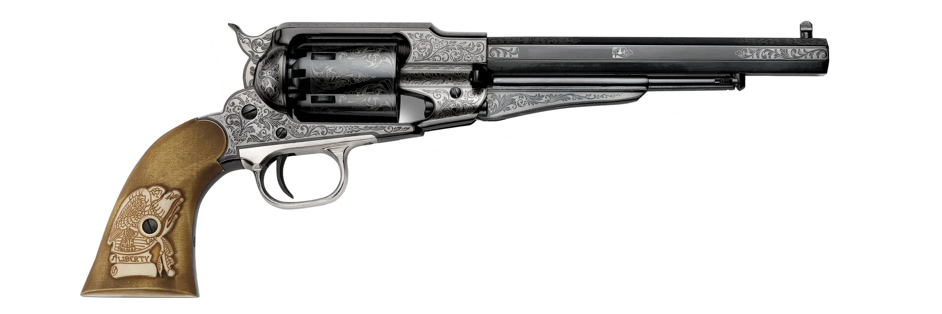 Pietta™ 1858 Remington Black Powder Revolver - Steel Frame - Laser Engraved - Liberty Grips - .44 Caliber - RGA44/LE/IGEL
