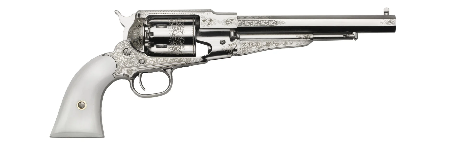Pietta 1858 Remington Texas Nickel General Custer Model - White Polymer Grip - Black Powder Revolver - .44 Caliber - Nickel-Plated Frame & Barrel - RBN44/CS/IG